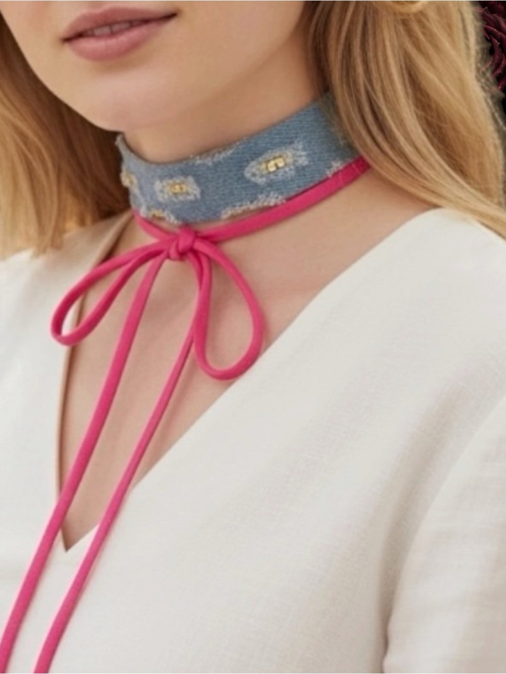 New Mia Collection Denim Fabric & Pink Cord Layered Choker Necklace Gold Tone Ad